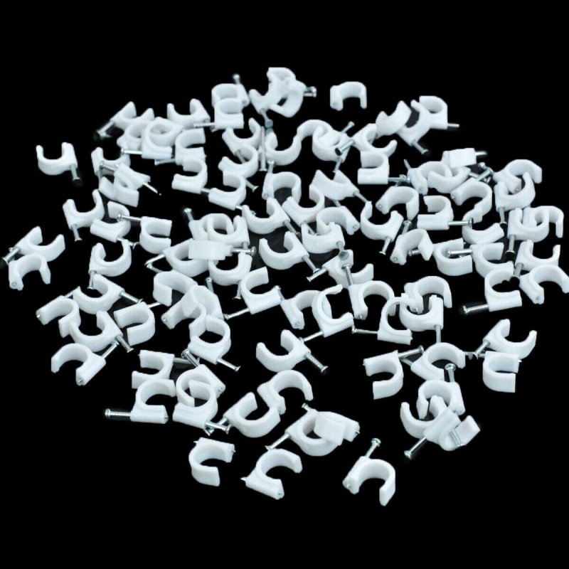 100 White Round Nail Cable Clips 6mm For Ethernet Computer Wire Tv Aerial Rg6 Coax Nylon Nailable Snug Network Fit