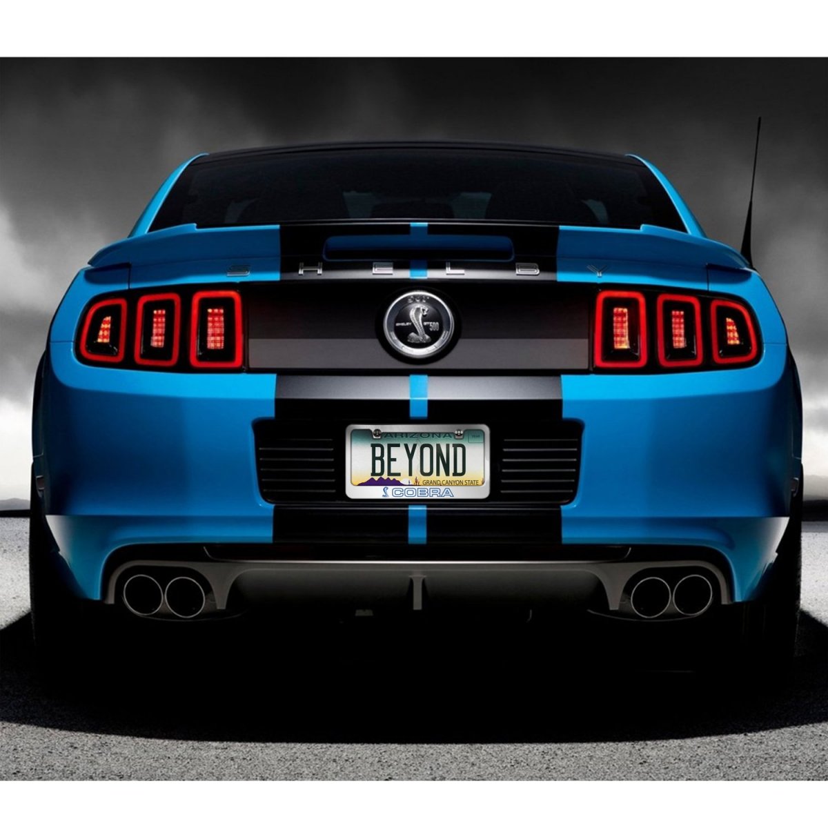 Ford Mustang Cobra Outline In Blue Mirror Chrome Metal License Plate Frame