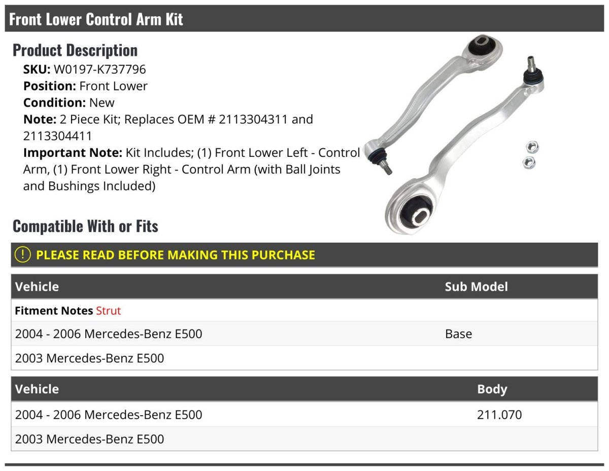 Front Lower Control Arm And Ball Joint Assembly Kit Set Of 2 Left Right For 2003-2006 Mercedes-benz E500
