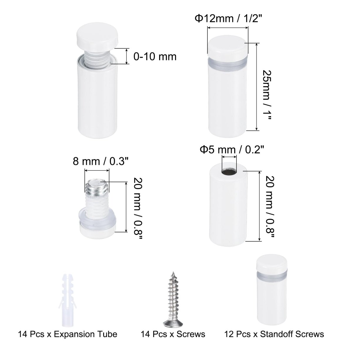 12 Pcs 2 In X 1 5 Standoff Screws Stainless Steel Wall Mount Sign Mounting Hardware Kit White For Acrylic Glass Signs And