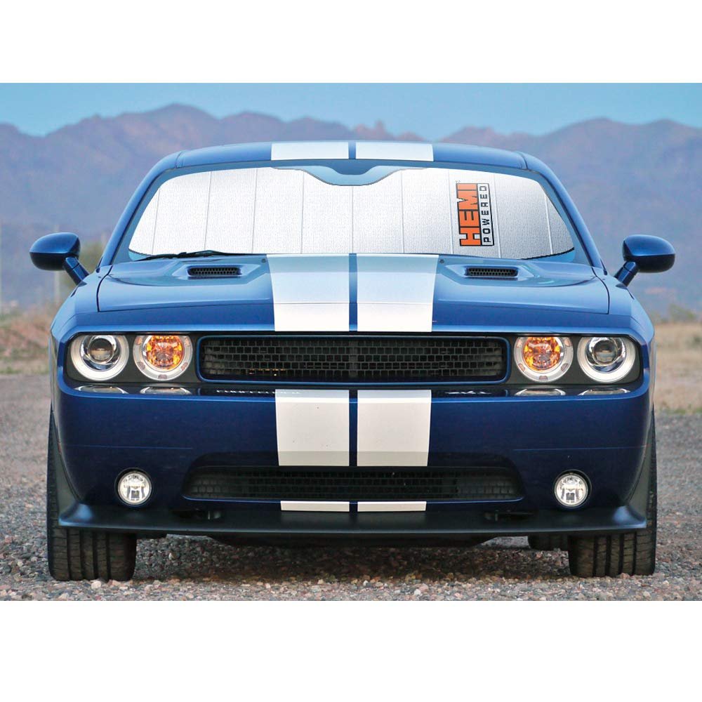 Hemi Powered Logo Universal Fit Windshield Sun Shade Jumbo Size 59 In X 30 Enforced Stand Up Folding Auto Sunshade Silver