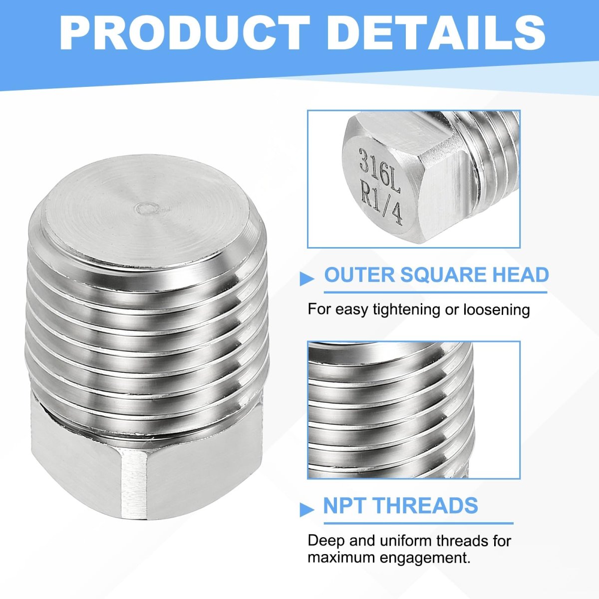 1 4 In Npt Male Pipe Plug 316 Stainless Steel Outer Square Head Solid Thread Bung For Hydraulic And Pneumatic Systems Silver