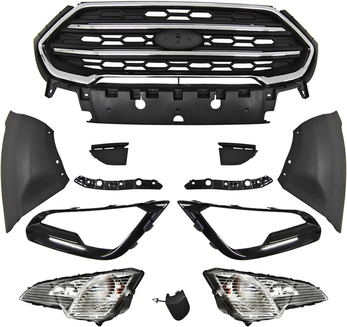 Front Bumper Grille Kit With Brackets And Fog Lights For Ford Ecosport Se Titanium 2018 2019 2020 2021 2022 Chrome Finish Abs