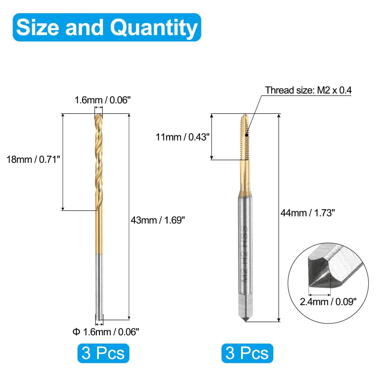Tap And Drill Bit Set 3pcs M2 X 0 4 Metric Spiral Point Thread Screw Taps 1 6mm Twist Bits Titanium Coated Hss-6542 Tapping