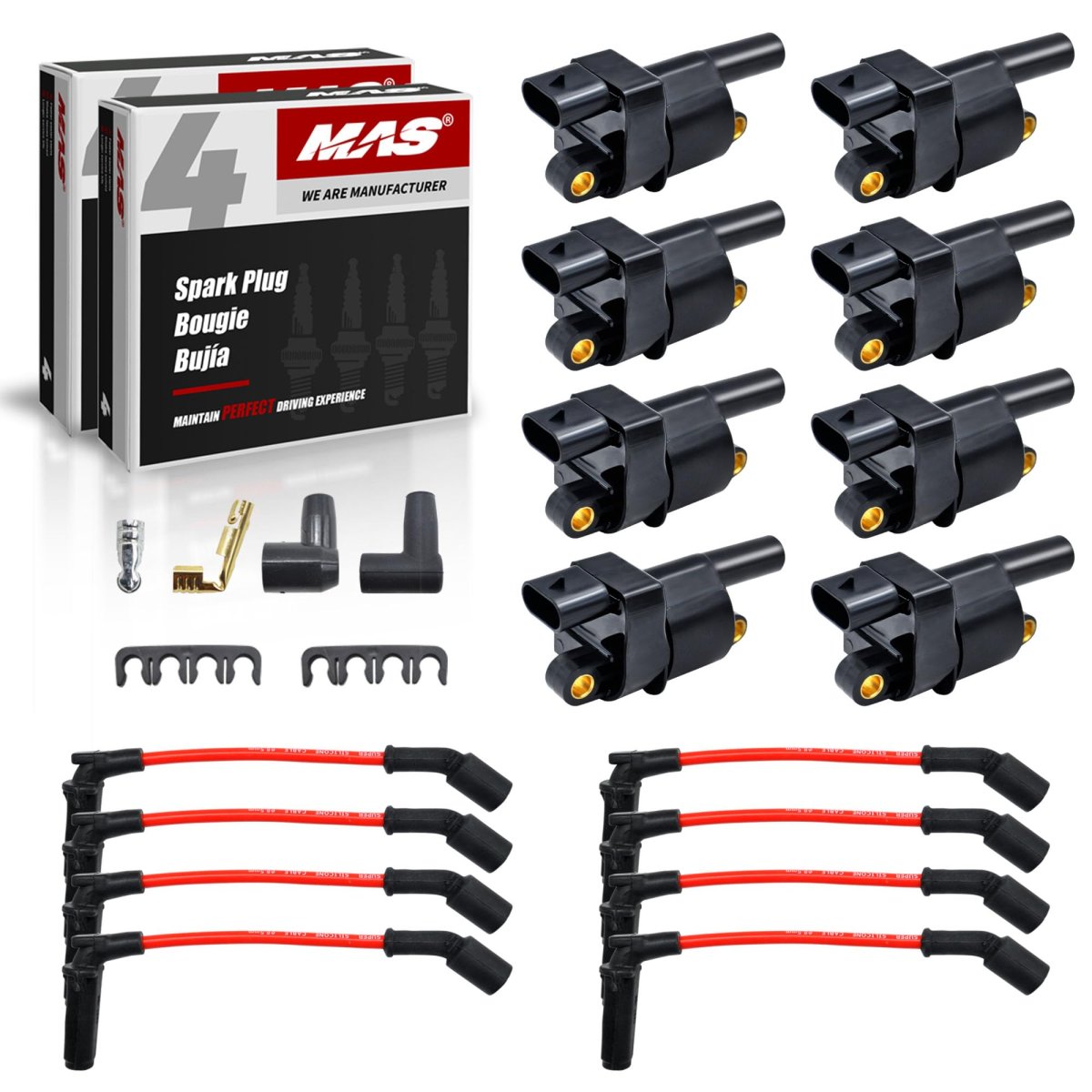 Mas Set Of 8 Square Ignition Coil Iridium Spark Plug 5mm Red Wire For Chevy Cadillac Gmc Suburban Silverado Cts Sierra Camaro