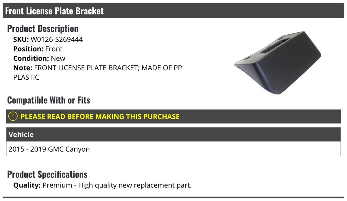 Front License Plate Bracket For 2015-2019 Gmc Canyon