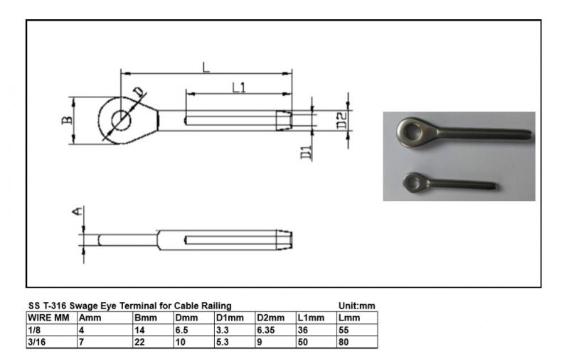 T316 Stainless Steel Swage Eye Terminal For Cable Railing 1 8 4 Pcs