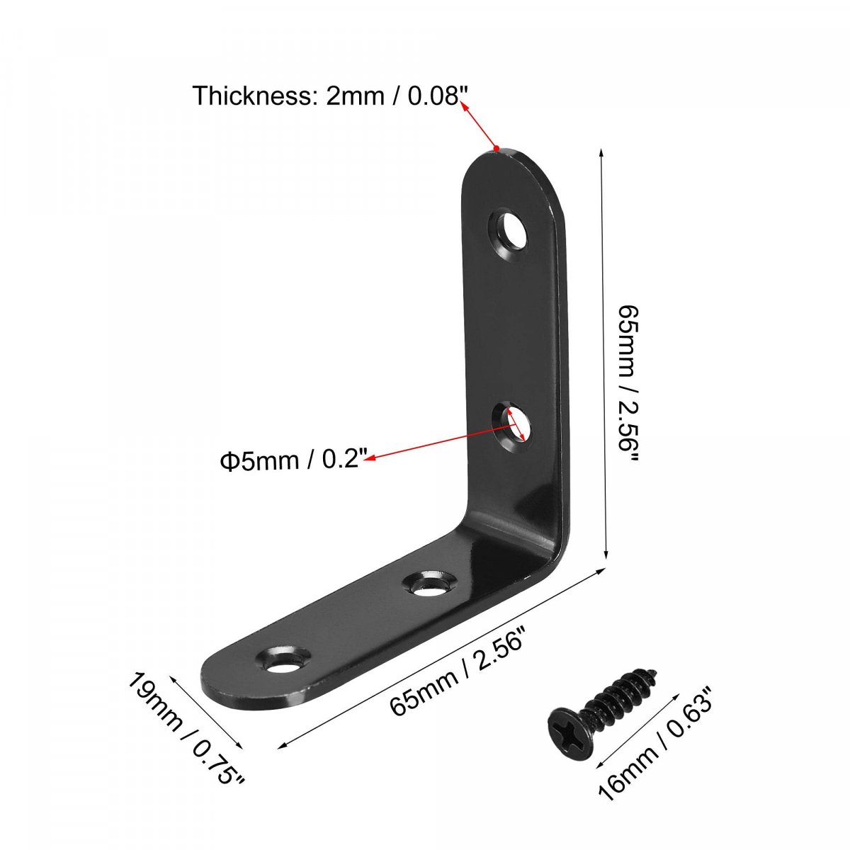 Corner Brace Angle Bracket Fastener L Shape 65mmx65mmx19mm Black Round End With Screws 8pcs