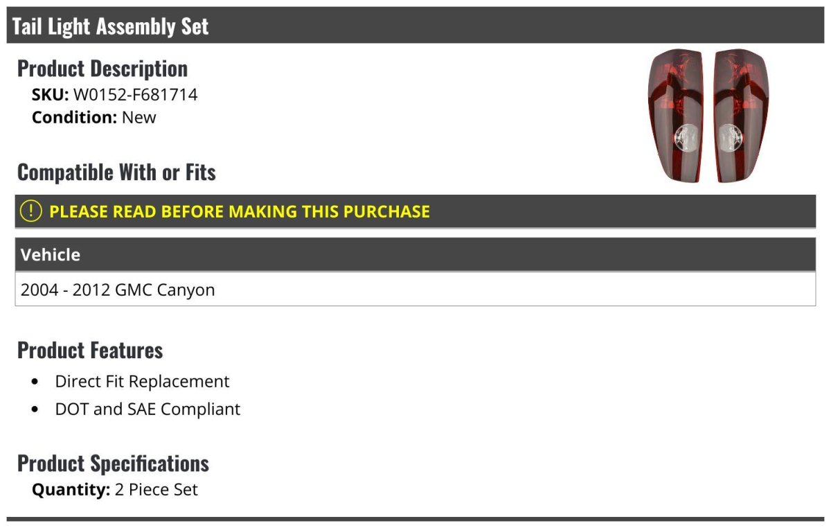 Tail Light Assembly 2 Piece Set For 2004 2012 Gmc Canyon Direct Fit Replacement Dot And Sae Compliant Waterproof