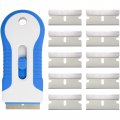 Foshio Retractable Blue Plastic Razor Blade Scraper Tool With 10pcs Extra Carbon Steel Blades For Glass Gasket Label Sticker 