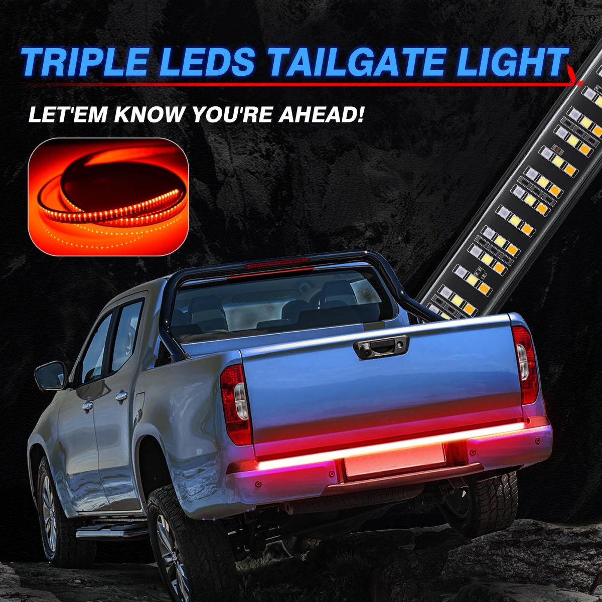 Mictuning 60 Inches Triple 504 Leds Tailgate Strip Light Waterproof With 4-way Flat Connector 5 Functions Solid Amber Turn