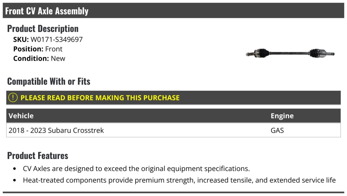 Front Cv Axle Assembly For 2018-2023 Subaru Crosstrek Gas
