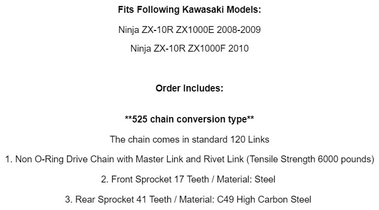 For Black Drive Chain And Sprocket Kit Kawasaki Ninja Zx-10r Zx1000 2008-10 Mod-ztf1-4790