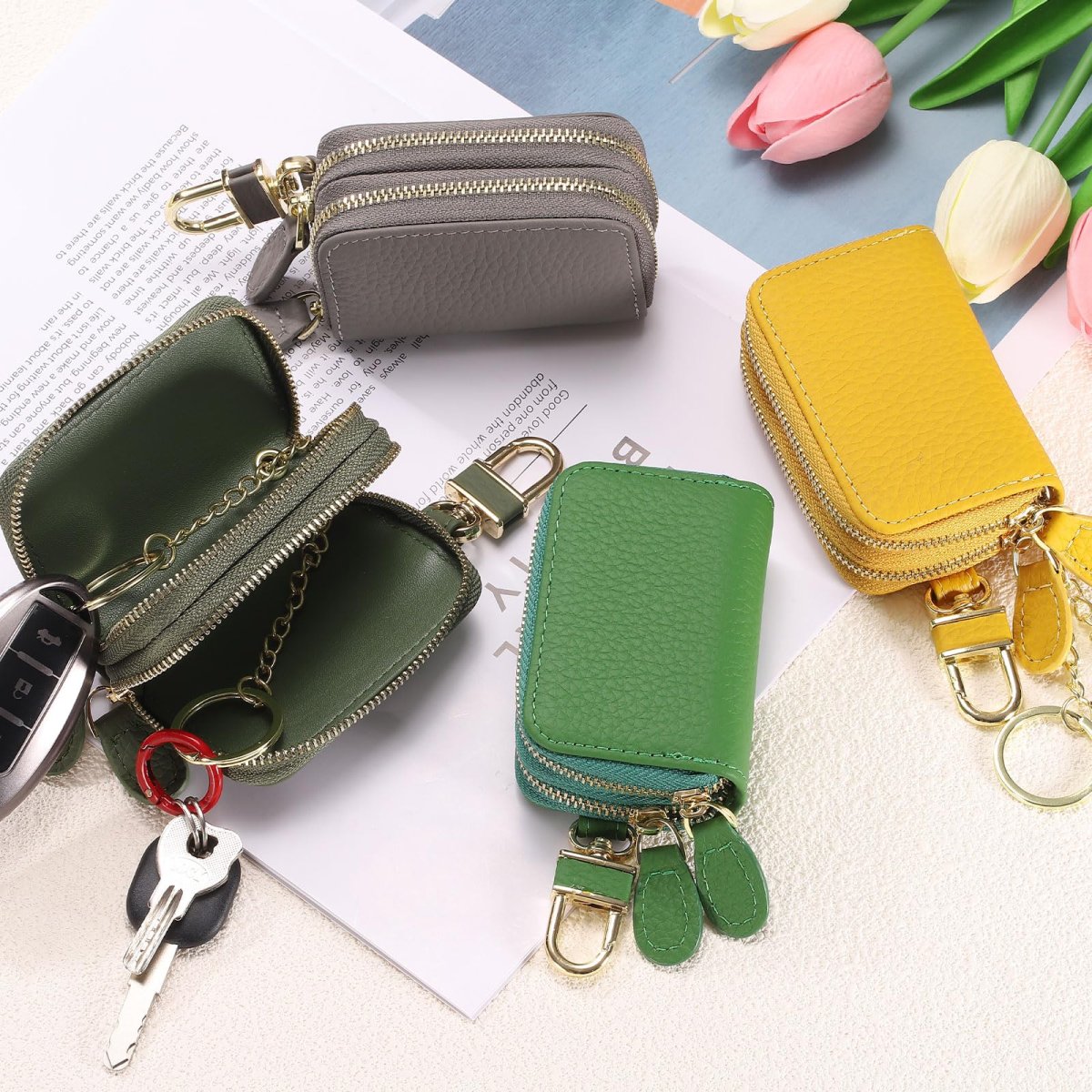 Genuine Leather Car Key Fob Case Universal Holder Double Layer Zipper Bag For Men Women Light Blue