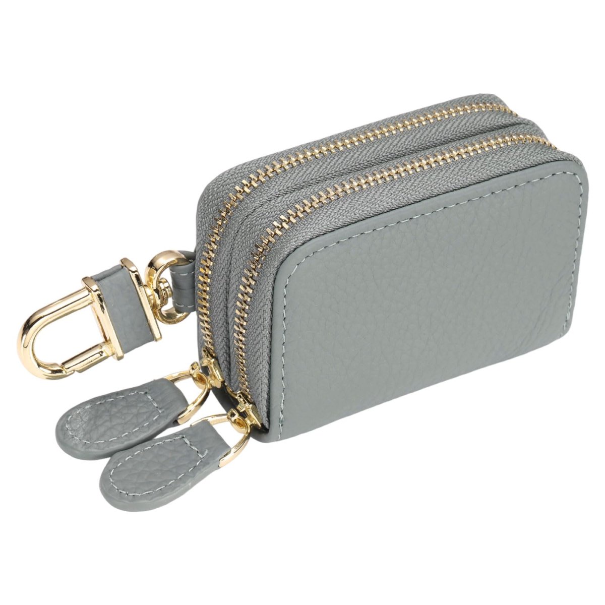 Genuine Leather Car Key Fob Case Universal Holder Double Layer Zipper Bag For Men Women Light Blue