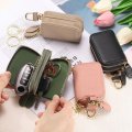 Genuine Leather Car Key Fob Case Universal Holder Double Layer Zipper Bag For Men Women Light Blue