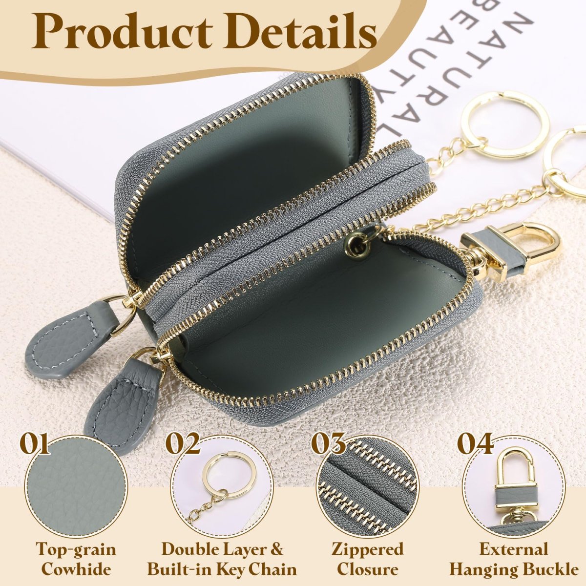 Genuine Leather Car Key Fob Case Universal Holder Double Layer Zipper Bag For Men Women Light Blue