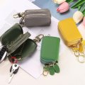 Genuine Leather Car Key Fob Case Universal Holder Double Layer Zipper Bag For Men Women Light Blue