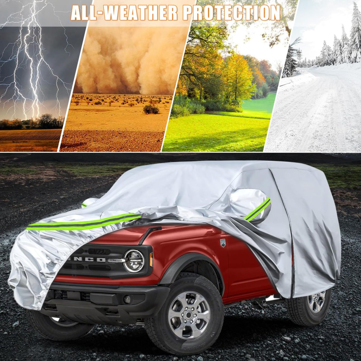Waterproof Car Cover For 2021 2024 Ford Bronco 2 Door 6 Layer Silver All Weather Protection With Zipper Windproof Bands And