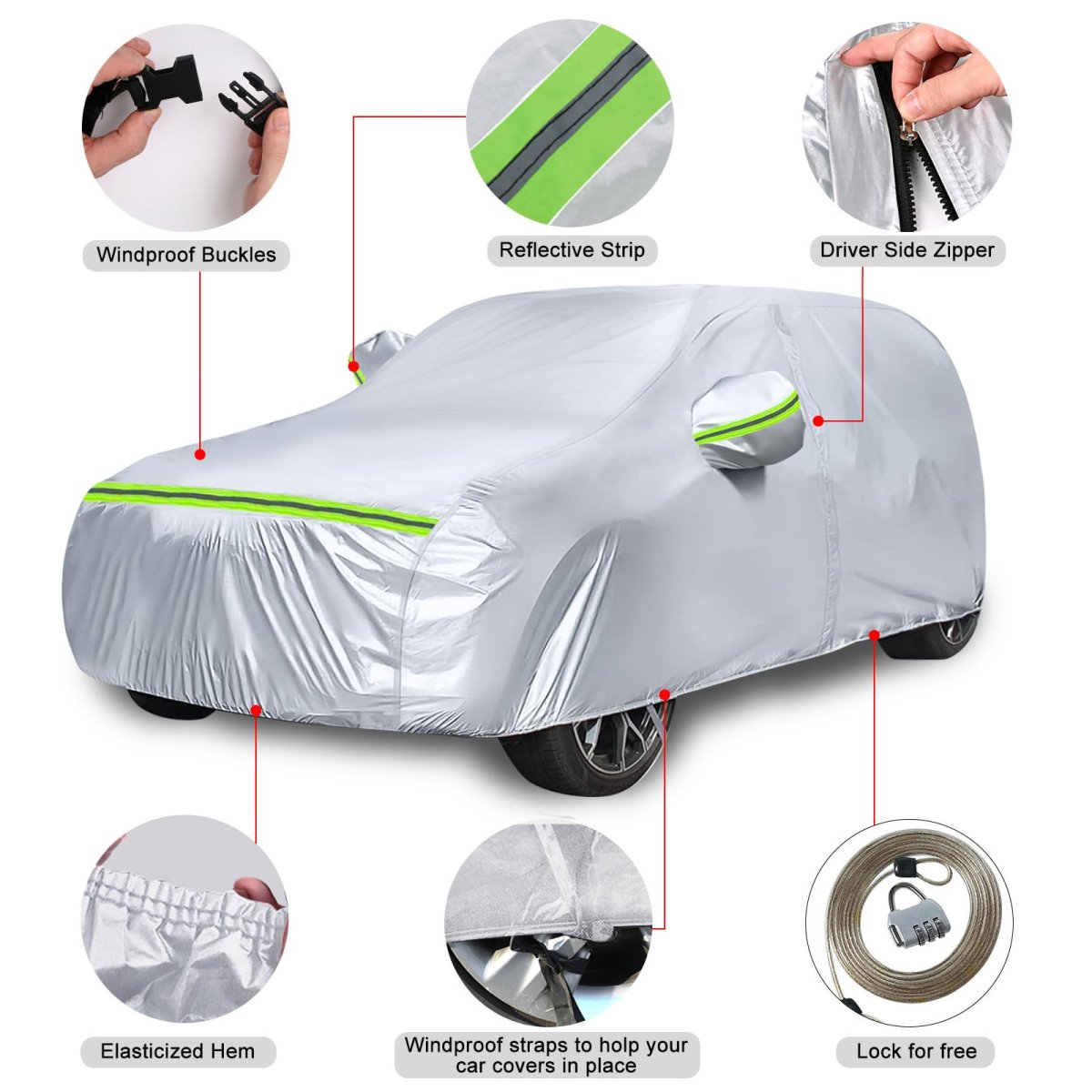 Waterproof Car Cover For 2021 2024 Ford Bronco 2 Door 6 Layer Silver All Weather Protection With Zipper Windproof Bands And