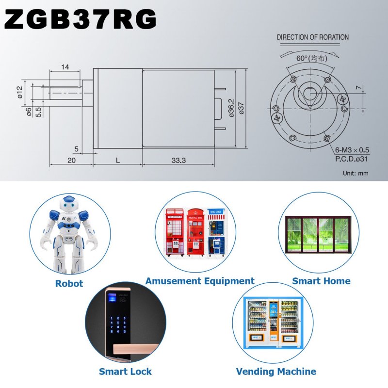 Dc 12v 300rpm Gear Motor High Torque Electric Micro Speed Reduction Geared Eccentric Output Shaft 37mm Diameter Gearbox
