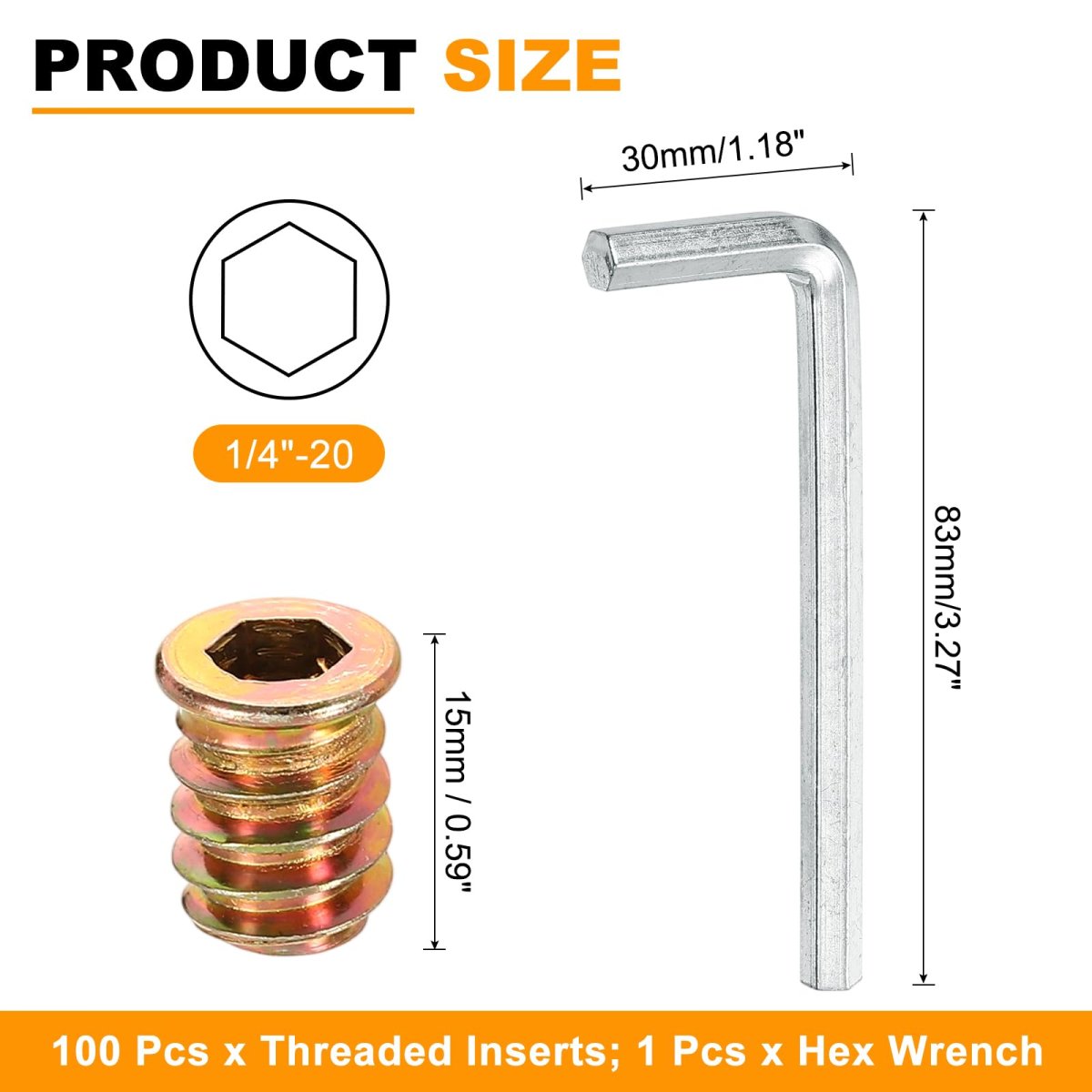 100 Pcs Threaded Insert For Wood 1 4 20 Carbon Steel Studs Hex Socket Drive Nut Inserts Screw In Fastener Connector With Wrench