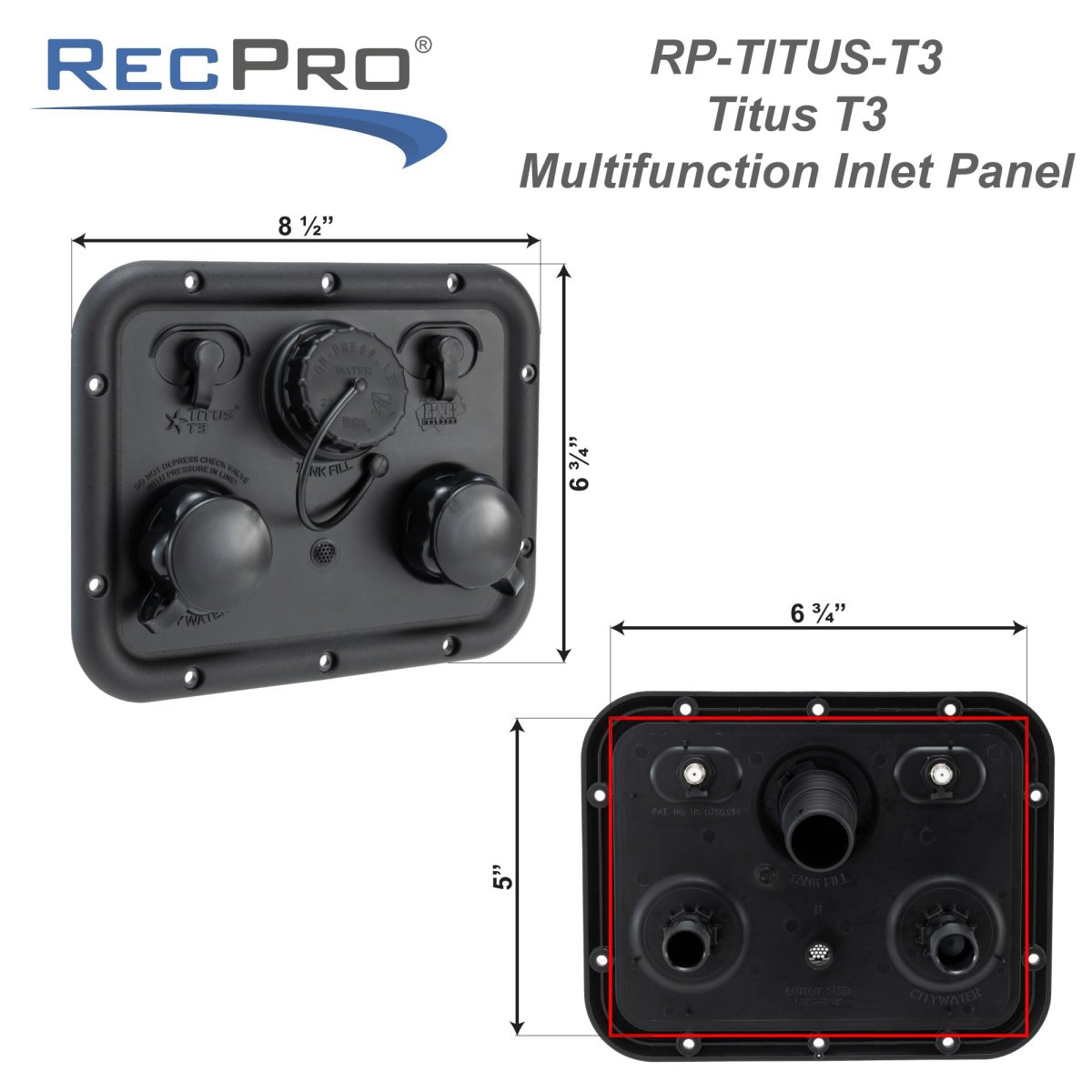 Titus T3 Rv City Water Panel With Gravity Fill Winterize Inlet And Dual Coax Rp-titus Black Abs Plastic