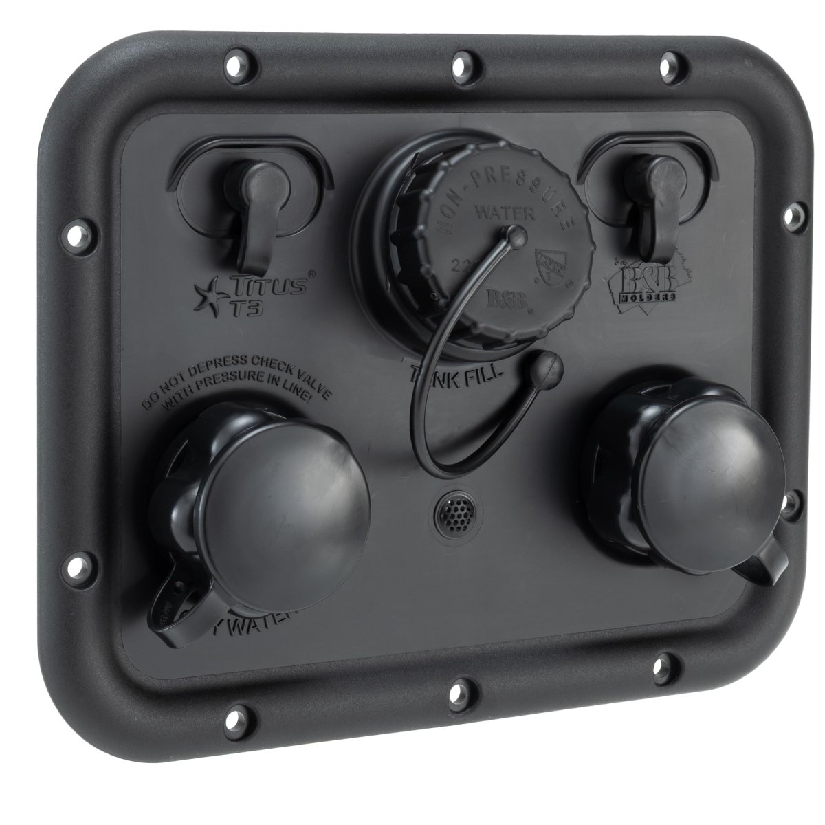 Titus T3 Rv City Water Panel With Gravity Fill Winterize Inlet And Dual Coax Rp-titus Black Abs Plastic