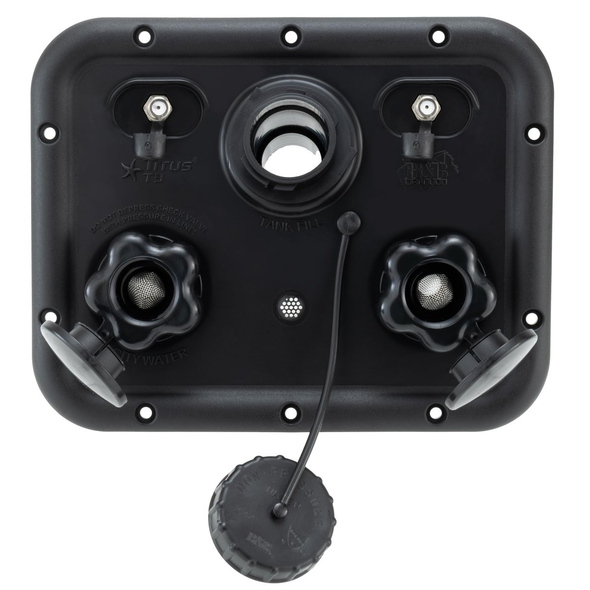 Titus T3 Rv City Water Panel With Gravity Fill Winterize Inlet And Dual Coax Rp-titus Black Abs Plastic