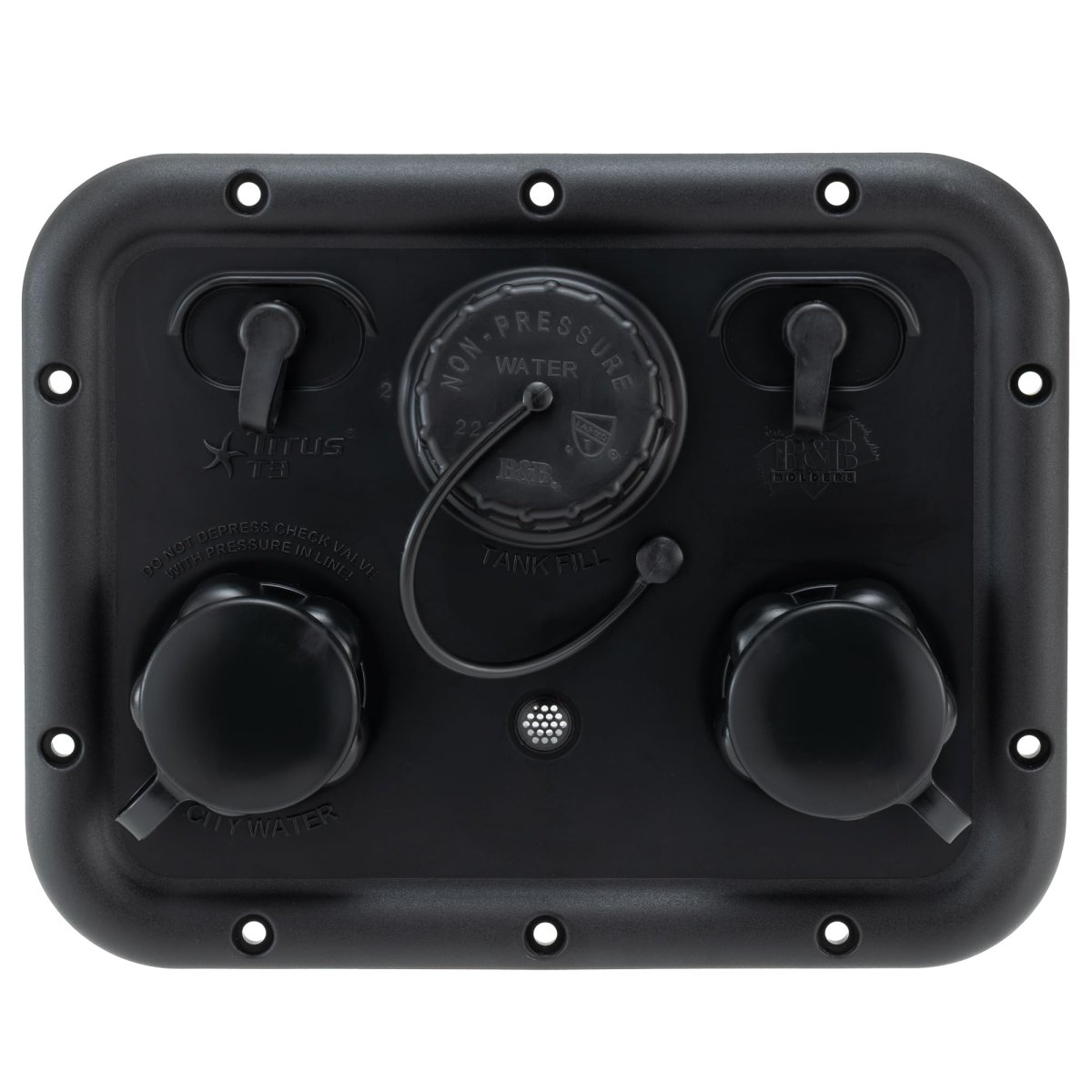 Titus T3 Rv City Water Panel With Gravity Fill Winterize Inlet And Dual Coax Rp-titus Black Abs Plastic
