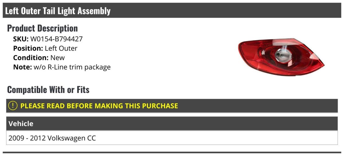Left Driver Side Outer Tail Light Assembly For 2009 2012 Volkswagen Cc Without R Line Trim Package Red Led Polycarbonate Lens