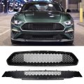 Bullitt Style High Flow Textured Black Honeycomb Front Bumper Upper Lower Grille Set Compatible With For 2018-2021 Ford Mustang 