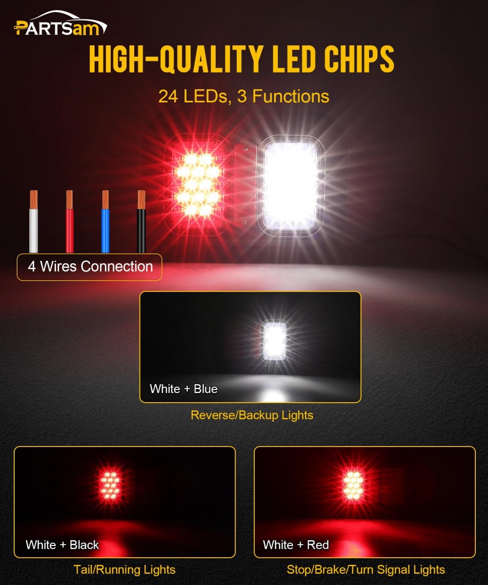 Rectangle Double Led Trailer Tail Lights 2 Pack Ip67 Waterproof Dual Stop Turn Backup Reverse With Reflector Surface Mount For