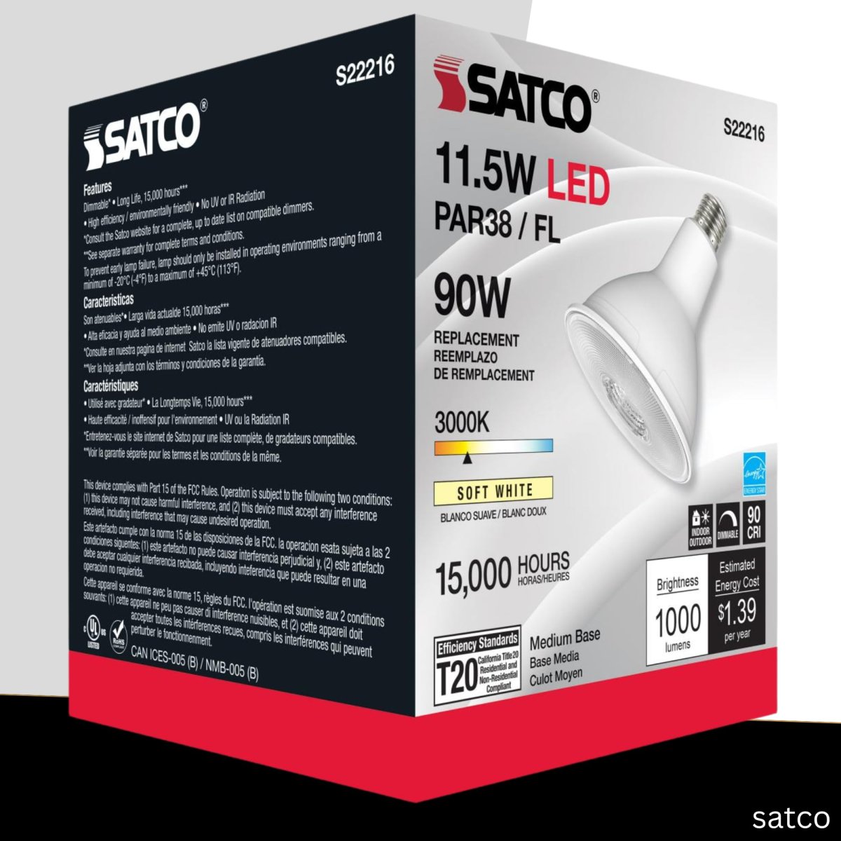 Satco Led Par38 Lamp 11 5w 90w Equivalent 3000k Soft White 90 Cri 40a Beam Angle Dimmable Medium Base 120v Clear Finish A Part