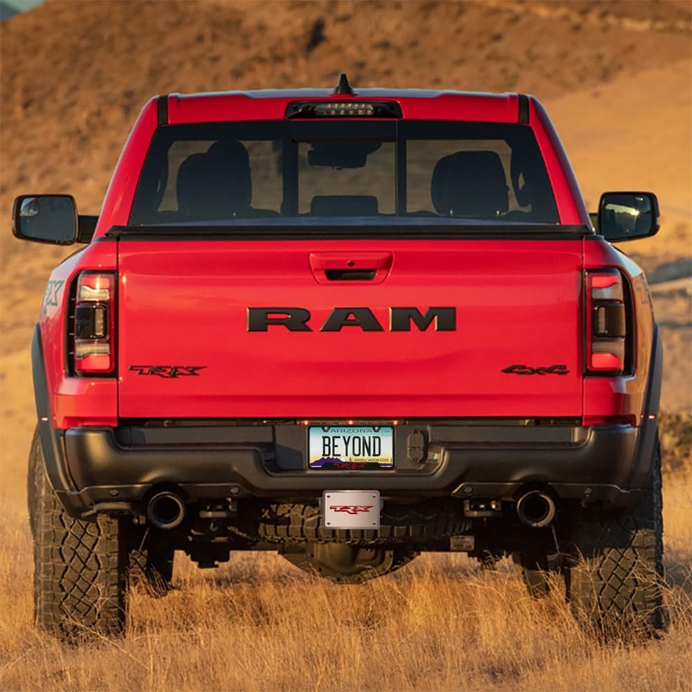 Ram 1500 Trx In Red 3d Logo On Rectangular Brushed Silver Billet Aluminum 2 Inch Tow Hitch Cover Official Licensed