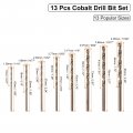 Uxcell 13pcs Cobalt Drill Bit Set 13 Sizes 1 9 -1 4 Drilling Dia M35 Twist Drills Round Shank Bits For Steel Aluminum Copper