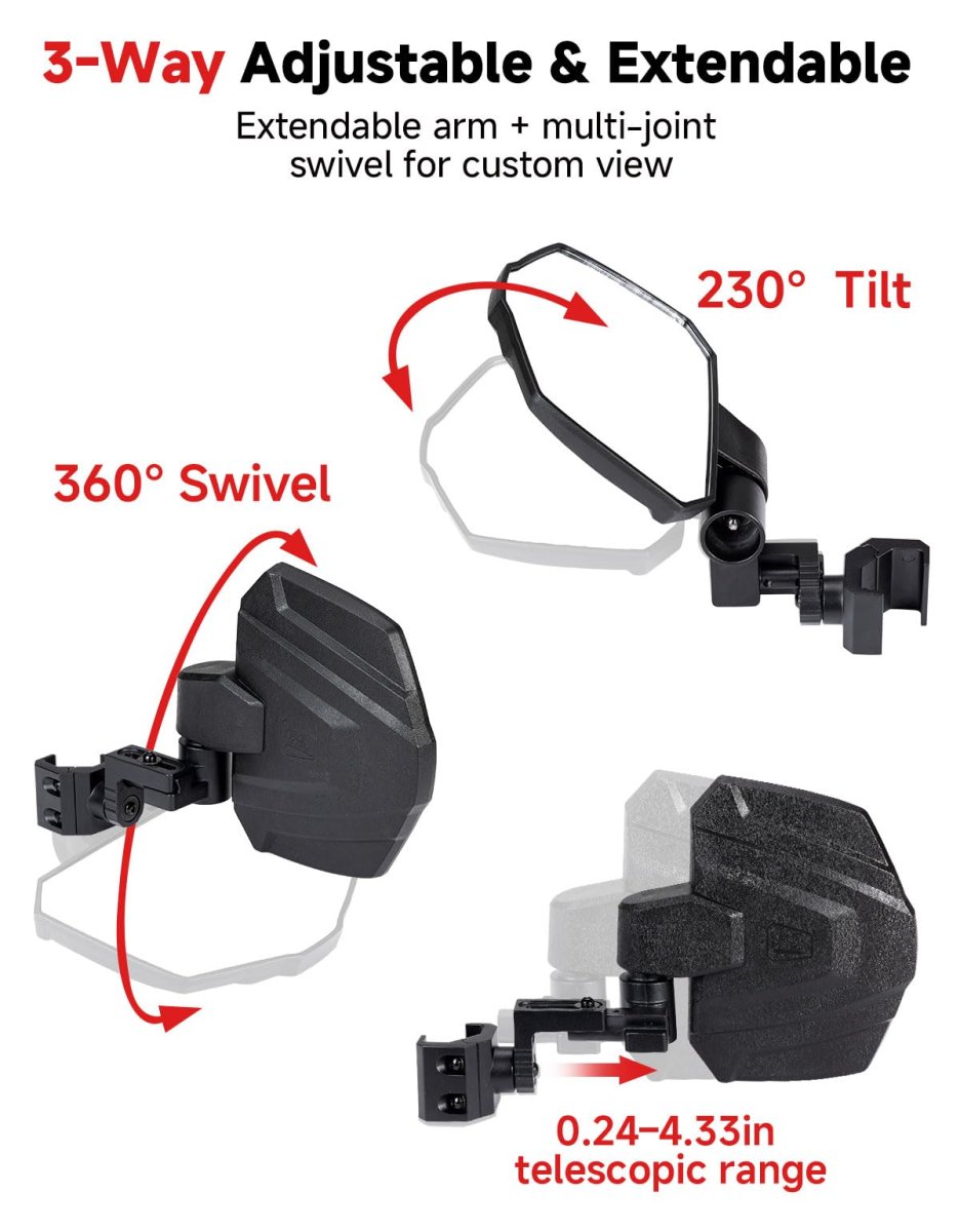 Utv Side Mirrors Extendable Large Rear View For Polaris Ranger Xp 1000 General Can Am Defender Cfmoto Uforce 3 Way Rotation