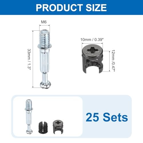 Furniture Cam Lock Fitting Kit 25 Set 3 In 1 Fixing Screws With M6x33mm Dowel Fasteners And Plastic Caps For Table Cabinet