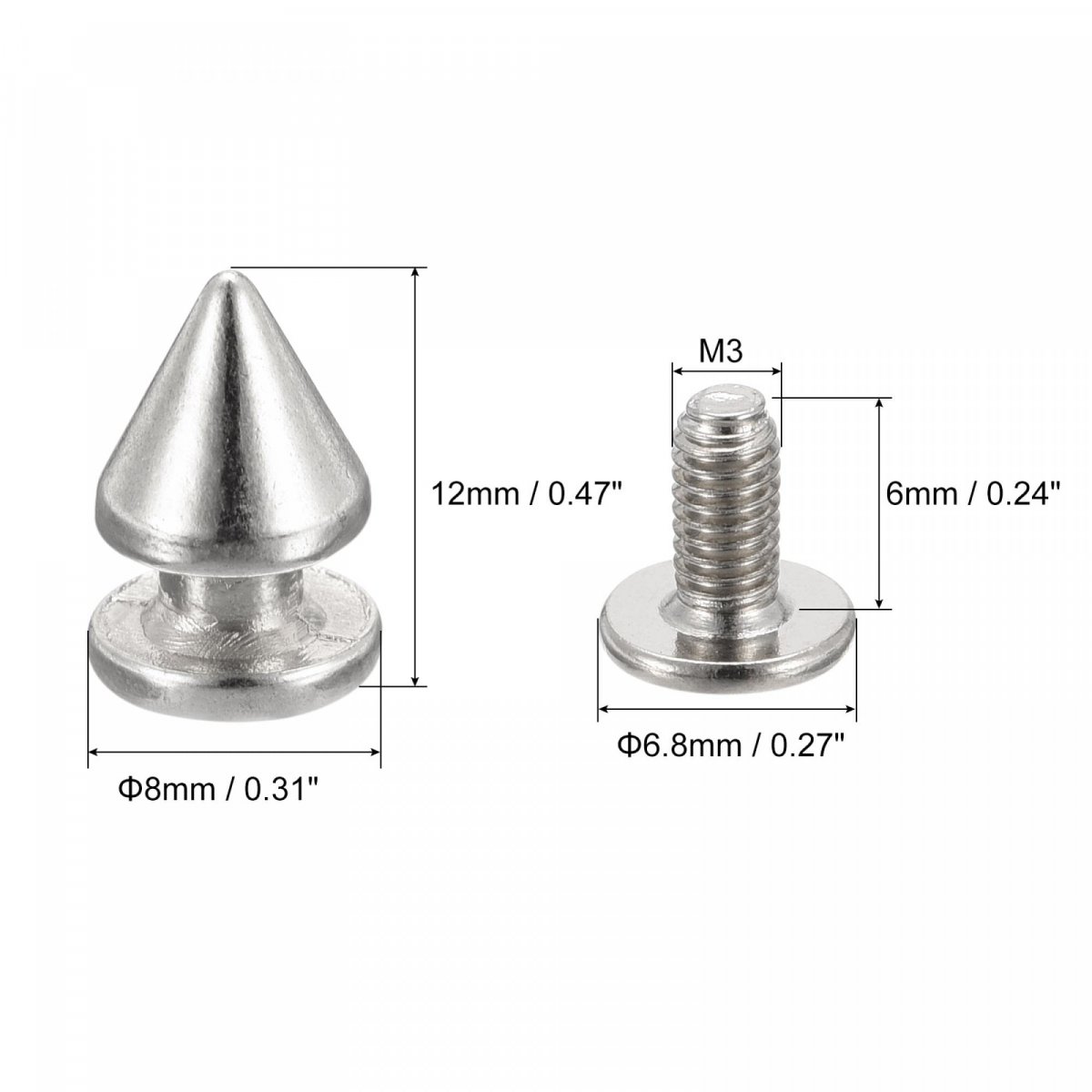 8x12mm Screw Back Stud Rivets Spikes Zinc Alloy For Diy Silver Tone 100 Sets