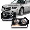 Akkon Fits 2005-2009 Chrysler 300 Halogen Type Black Headlights W Led Sequential Turn Signal Pair Driver Passenger 