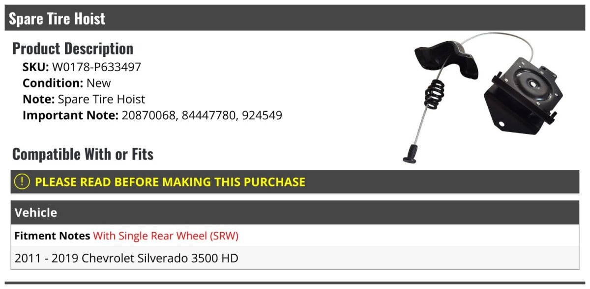 Spare Tire Wheel Hoist Winch For 2011 To 2019 Chevy Silverado 3500 Hd With Single Rear Black