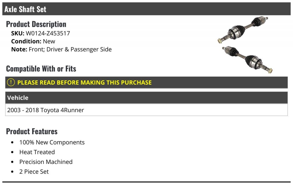 Cv Axle Set Of 2 For 2003-2018 Toyota 4runner
