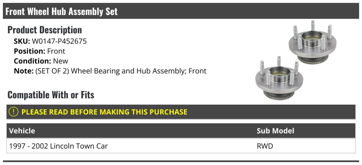 Front Wheel Bearing Hub Assembly Set Of 2 For 1997 To 2002 Lincoln Town Car Rwd