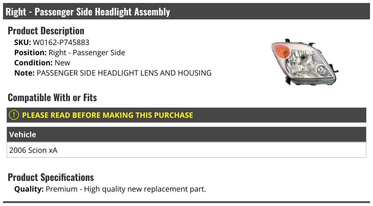Right Passenger Side Headlight Assembly For 2006 Scion Xa