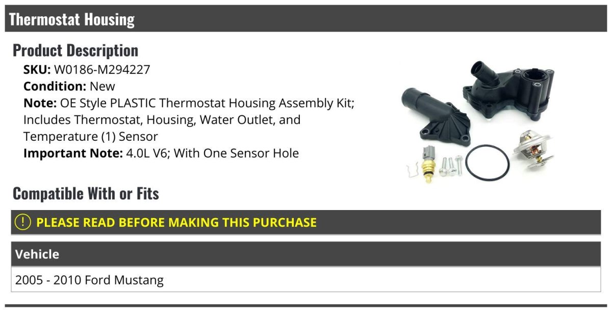 Thermostat Housing Kit With 1 Sensor For 2005 2010 Ford Mustang 4 0l V6 Oe Style Plastic Assembly Water Outlet And Temperature