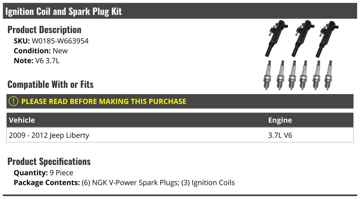 Ignition Coil And Spark Plug Kit 9 Piece For 2009-2012 Jeep Liberty 3 7l V6