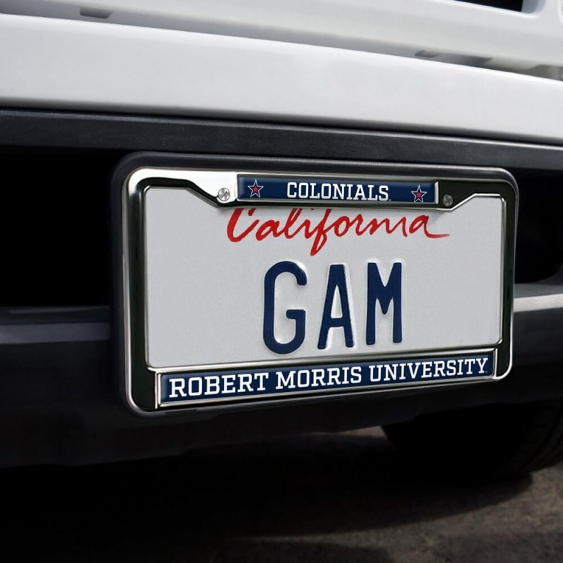 Robert Morris University Mascot License Plate Frame Full Size Standard Metal For North American Plates 12 3 In X 6 Uv And Water