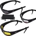 Chicago Foam Padded Motorcycle Sunglasses 3 Pair Set With Smoke Clear Yellow Lenses Black Frame Rubber Ear Locks And Microfiber 