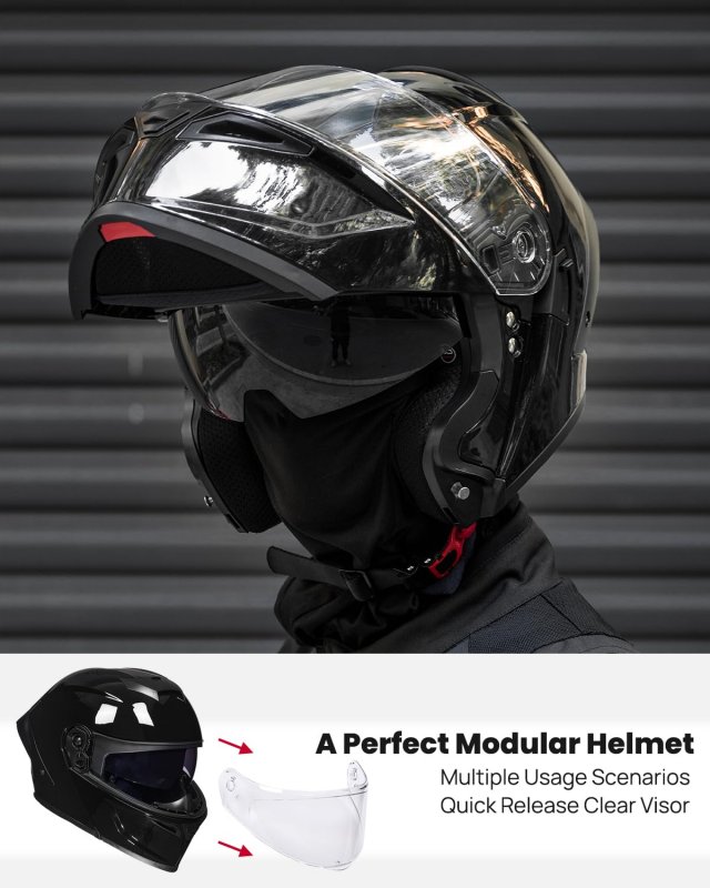 Ilm Motorcycle Helmets Modular Full Face Moped Helmet Flip Up Dual Visor For Adult Dot Ws202 Gloss Black Large