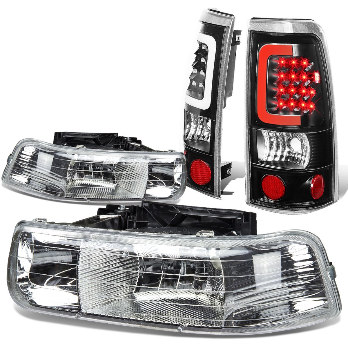 Auto Dynasty For Chevy Silverado Gmt800 2pc Pair Of Chrome Housing Headlight Black Clear Lens 3d Led Tail Light
